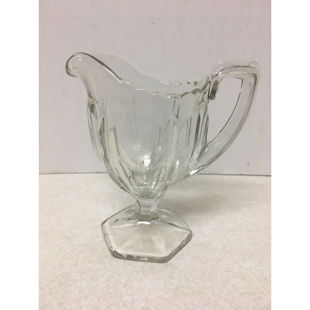 Vintage Pedestal Hexagon Base Paneled Pressed Glass Creamer Etched Flowers